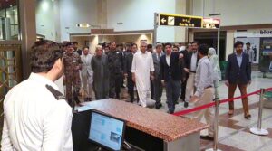Federal Minister for Interior, Mohsin Naqvi and Federal Minister for Aviation and Defence, Khawaja Muhammad Asif giving necessary instructions regarding enhancing facilities for passengers at Allama Iqbal International Airport.