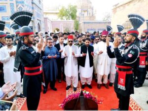 Deputy Speaker Punjab Assembly Malik Zaheer Iqbal Channar, Prince Bahawal Abbas Khan Abbasi, Commissioner Bahawalpur Nadir Chattha other on the occasion of 58th Death Anniversary Nawab Sir Sadiq Muhammad Khan Abbasi-V, reciting Fatiha after laying flowers on the tomb of Nawab of Bahawalpur