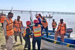 Staffers of Rescue 1122 participating in pre-flood mock exercises at Head Muhammadwala.