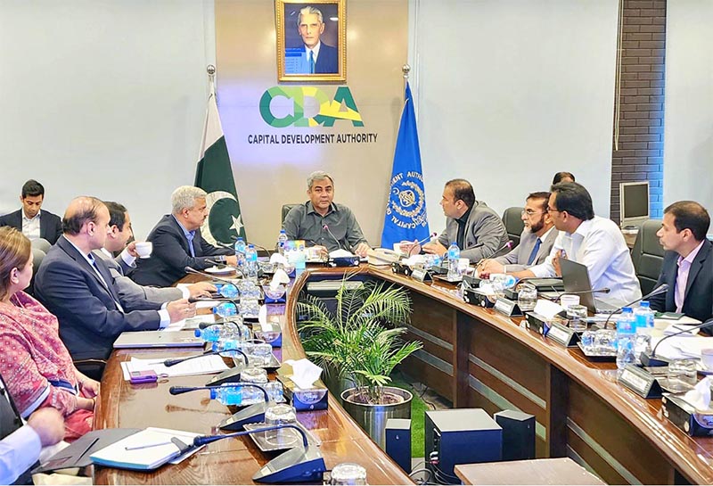 Interior Minister Mohsin Naqvi chairing a meeting at CDA Headquarters.