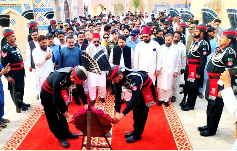 Deputy Speaker Punjab Assembly Malik Zaheer Iqbal Channar, Prince Bahawal Abbas Khan Abbasi, Commissioner Bahawalpur Nadir Chattha other on the occasion of 58th Death Anniversary Nawab Sir Sadiq Muhammad Khan Abbasi-V, reciting Fatiha after laying flowers on the tomb of Nawab of Bahawalpur