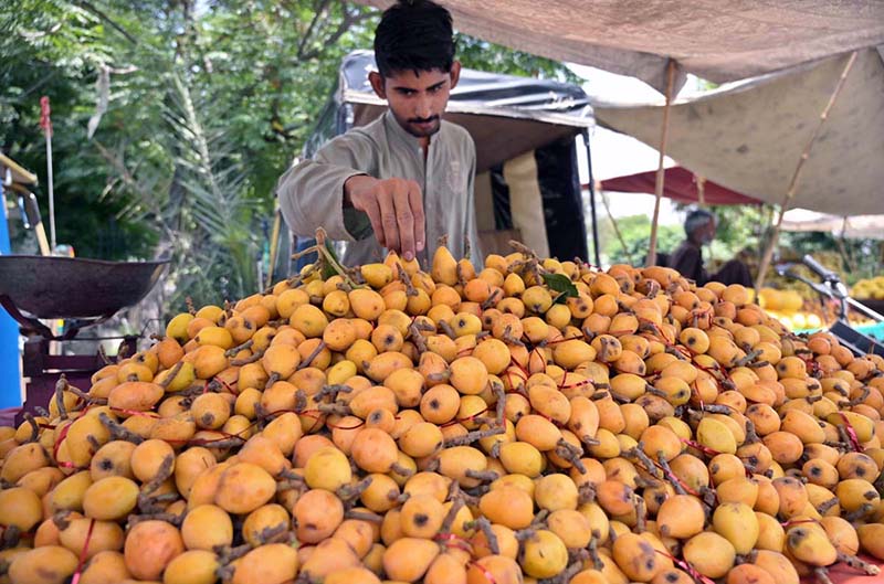 A vendor displaying loquat on his cart to attract the cusotmers