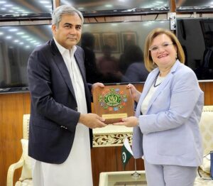 Federal Minister for Interior Mohsin Naqvi in a meeting with Ambassador of Italy H.E Marilina Armellin.