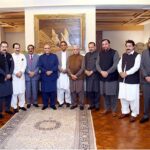 President Asif Ali Zardari in a group photo with a delegation of the members of the Azad Jammu and Kashmir Legislative Assembly belonging to Pakistan People's Party Parliamentarians, who called on him, at Aiwan-e-Sadr