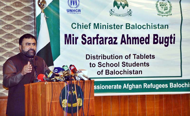 Balochistan Chief Minister, Mir Sarfaraz Ahmed Bugti addressing at ceremony of distribution of tablets to school students organized by Commissionerate Afghan Refugees Balochistan & UNHCR.