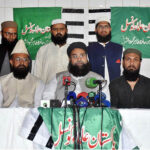 Chairman Pakistan Ullema Council Moulana Tahir Ashrafi is addressing a press conference at Jamia Masjid Manzoor Islamia