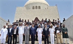 Acting President Syed Yousuf Raza Gillani talking to media persons during his visit at Mausoleum of Quaid-e-Azam Muhammad Ali Jinnah.