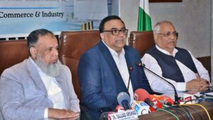 President Faisalabad Chamber of Commerce & Industry (FCCI) Dr. Khurram Tariq addressing a press conference during Pre-Budget Proposals at FCCI Complex.