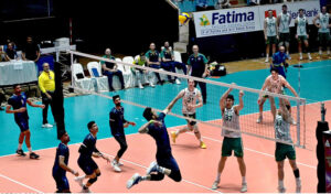 Players of Pakistan and Australia Volleyball teams in action during 2nd match of Sarsabz Volleyball Series-2024 at Liaquat Gymnasium, Sports Complex.