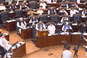 KP Finance Minister, Aftab Alam presents the proposed Rs 1754bln Provincial Fiscal Budget 2024-25 with a surplus of Rs 100bln at KP Assembly.