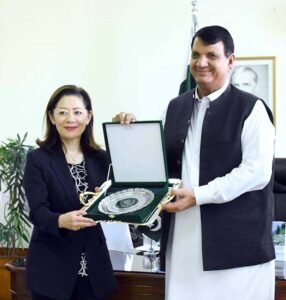 A delegation led by Ms. Mio Sato, Chief of Mission, UN - IOM, called on Federal Minister for States and Frontier Regions Engr. Amir Muqam at the Ministry of SAFRON