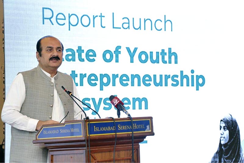 Chairman Prime Minister's Youth Programme Rana Mashhood Ahmed Khan while addressing the ceremony on the launch of Report "State of youth entrepreneurship ecosystem in Pakistan".