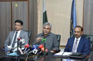 Interior Minister Mohsin Naqvi addressing a press conference at FIA office