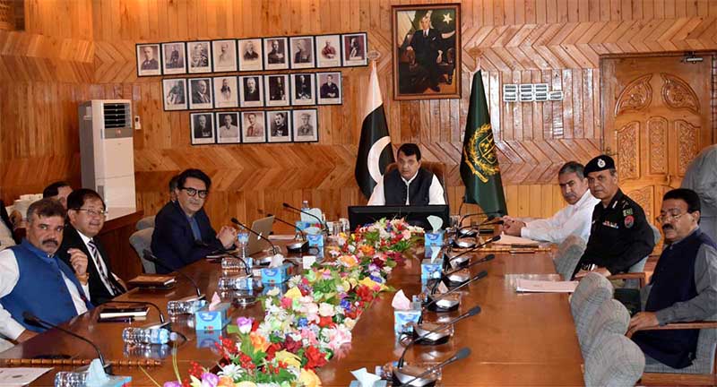 Federal Minister for Kashmir Affairs and Gilgit-Baltistan Engineer Amir Muqam being briefed by CS Gilgit-Baltistan Abrar Ahmad Mirza and IGP Gilgit-Baltistan Afzal Mehmood Buut about the Law & Order Situation