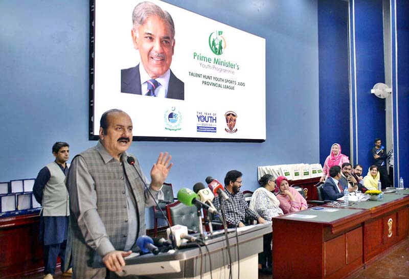 Chairman Prime Minister's Youth Programme Rana Mashood Ahmed Khan addressing the Talent Hunt Youth Sports Judo League at Lahore College for Women University.