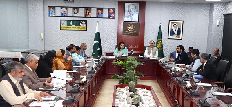 Chairperson BISP, Ms. Rubina Khalid, receives a comprehensive briefing from Secretary BISP, Amer Ali Ahmad, during an introductory meeting at BISP HQs in Islamabad on May 14, 2024. Also in attendance are Addl. Secretary BISP, Dr. Tahir Noor, and all Directors General of BISP.