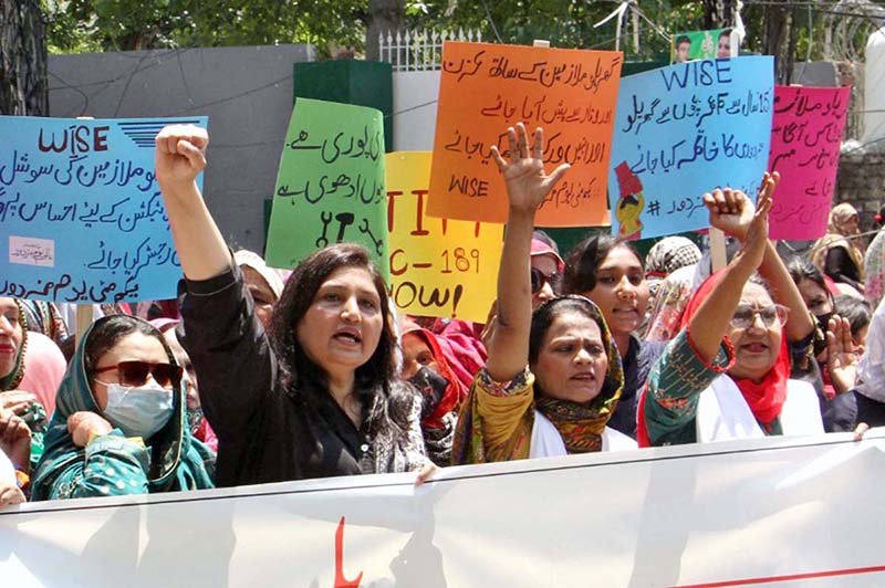 Women from different labour organization participating in rally outside Press Club on the occasion of International Labour Day, as International Labour Day is celebrated on May 1 every year. It’s a day to honor and appreciate the contributions of workers all around the world. This day recognizes the hard work and dedication of people who work in various fields to make our lives better.