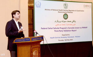 Coordinator to Prime Minister on National Health Services Regulations and Coordination Dr. Malik Mukhtar is addressing on the event of dissemination of Third-party validation of Sehat Sahulat Program, Ministry of National Health Services Regulations and Coordination.