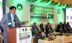 Sindh Chief Minister Syed Murad Ali Shah speaks at the 2nd Postgraduate Research Conference organised by JPMC at its Auditorium.