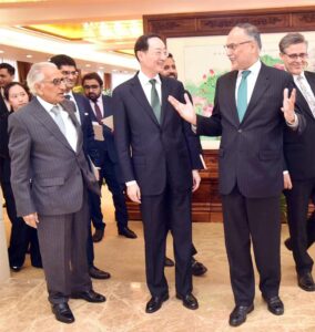 Federal Minister for Planning, Development and Special Initiative Prof. Ahsan Iqbal, SAPM Tariq Fatemi and Vice Foreign Minister of China H.E. Sun Weidong at China Ministry of Foreign Affairs.