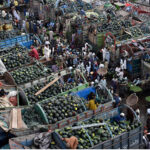 Traders and farmers sit on trucks loaded with watermelon as they bargain with dealers during auction as shopkeepers participating in bidding of fruit (Watermelon) at a fruit market in the Provincial Capital