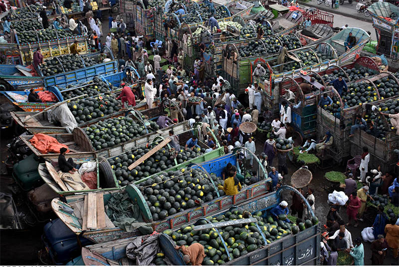 Traders and farmers sit on trucks loaded with watermelon as they bargain with dealers during auction as shopkeepers participating in bidding of fruit (Watermelon) at a fruit market in the Provincial Capital