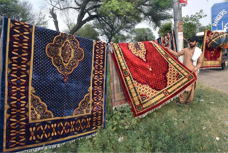 A vendor displayed carpets at his road side setup to attract the customers.