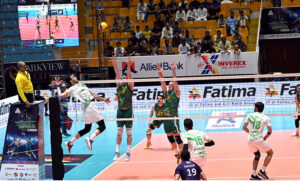 Australian and Pakistani volleyball players compete during a volleyball match at Sarfraz Volleyball Series at sports complex