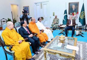A delegation of Buddhist Monks led by Minister of Budhassasana and Religious Affairs of Sri Lanka H.E. Vidura Wickramanayaka calls on Prime Minister Muhammad Shehbaz Sharif.