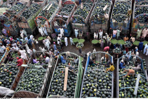 Traders and farmers sit on trucks loaded with watermelon as they bargain with dealers during auction as shopkeepers participating in bidding of fruit (Watermelon) at a fruit market in the Provincial Capital