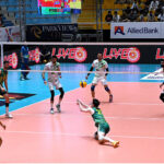 Australian and Pakistani volleyball players compete during a volleyball match at Sarfraz Volleyball Series at sports complex
