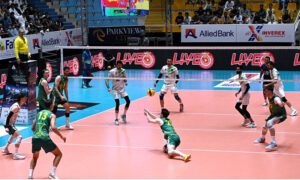 Australian and Pakistani volleyball players compete during a volleyball match at Sarfraz Volleyball Series at sports complex