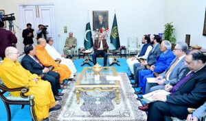 A delegation of Buddhist Monks led by Minister of Budhassasana and Religious Affairs of Sri Lanka H.E. Vidura Wickramanayaka calls on Prime Minister Muhammad Shehbaz Sharif.