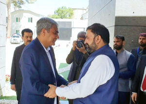 Chief Minister Balochistan Sarfaraz Ahmed Bugti welcoming Interior Minister Mohsin Naqvi upon his arrival at the Chief Minister House.