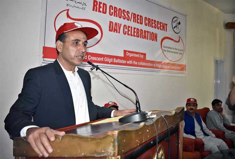 Speaker Gilgit-Baltistan Assembly Nazir Ahmad Advocate addressing during Red Cross/Red Crescent Day celebration.