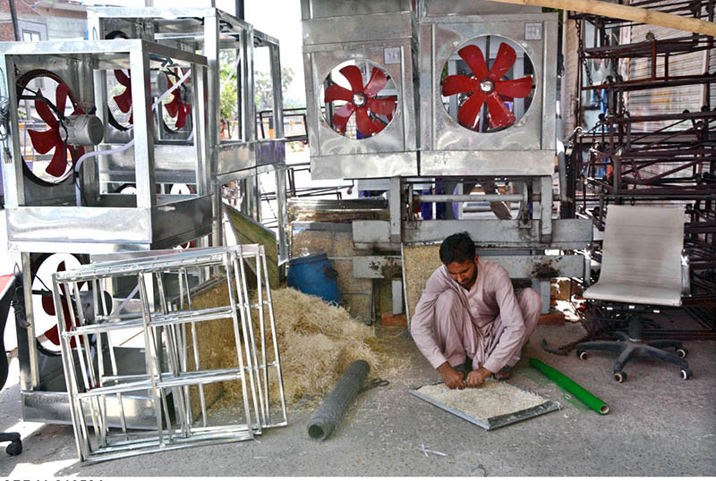 A worker busy in preparing “Khas” for air room-coolers at his roadside workplace.