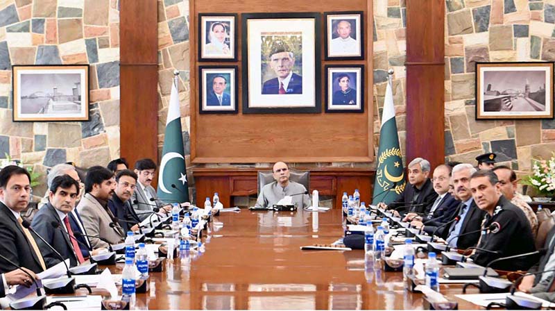 President Asif Ali Zardari being briefed about the overall security, law and order situation of the Sindh province at the Chief Minister House.