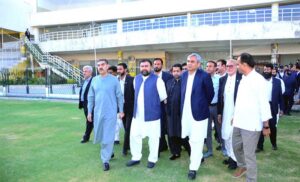 Balochistan Chief Minister Mir Sarfraz Ahmed Bugti along with Federal Minister for Interior, Chairman of PCB Mohsin Naqvi and Ex, Interim PM Anwaar-ul Haq Kakar addressing a press conference regarding promotion of sports at Bugti Cricket Stadium.