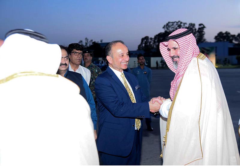 Federal Minister for Petroleum Dr. Musadik Masood Malik receiving delegation led by Saudi assistant minister of investment H.E Ibrahim Al Mubarak on his three-day visit to Pakistan at Nurkhan Airbase