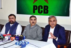 Balochistan Chief Minister Mir Sarfraz Ahmed Bugti along with Federal Minister for Interior, Chairman of PCB Mohsin Naqvi and Ex, Interim PM Anwaar-ul Haq Kakar addressing a press conference regarding promotion of sports at Bugti Cricket Stadium.