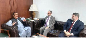 Leader of the Opposition in the Senate, Senator Shibli Faraz in a meeting with Deputy Political Counselor of US Embassy Christopher J. Brown at Parliament House.