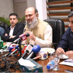 Federal Minister for Commerce, Jaam Kamal talking to media at APTMA office