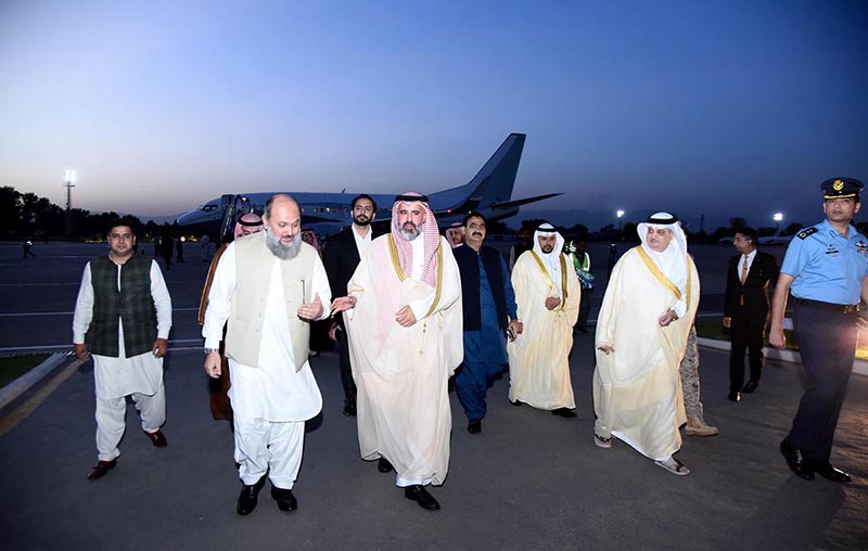 Federal Minister for Commerce, Jam Kamal Khan, welcoming Saudi Investors' delegation led by assistant minister of investment H.E Ibrahim Al Mubarak on arrival at Nurkhan Airbase