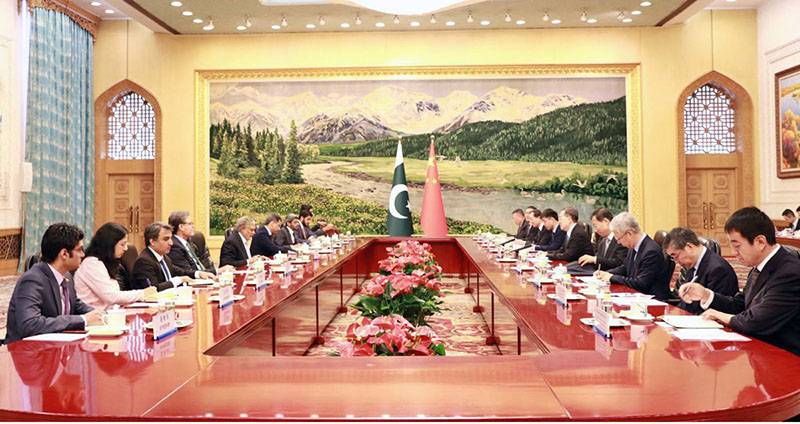 Deputy Prime Minister and Foreign Minister Senator Mohammad Ishaq Dar in a meeting with Chinese Executive Vice Premier Ding Xuexiang.