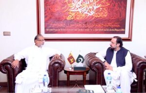 Federal Minister for Religious Affairs and Interfaith Harmony, Chaudhry Salik Hussain in a meeting with the Sri Lankan Minister of Religious and Cultural Affairs, Vidura Wickramanayake.