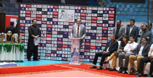 Federal Minister for Planning, Development, and Special Initiatives and Inter Provincial Coordination, Ahsan Iqbal Chaudhary addressing the closing ceremony of 2nd Engro Central Asian Volleyball Championship 2024 after witnessing the final match played between Pakistan and Turkmenistan Volleyball teams at Pakistan Sports Complex. Pakistan won the championship beating Turkmenistan in the final match.
