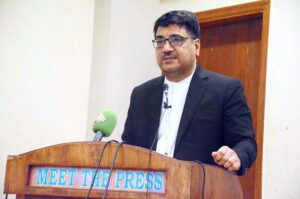 Iranian Consul General in Karachi Hassan Nourian addressing Meet the Press Programme at Karachi Press Club.