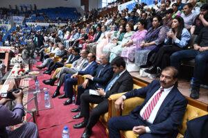 Federal Minister for Planning, Development, and Special Initiatives and Inter Provincial Coordination, Ahsan Iqbal Chaudhary addressing the closing ceremony of 2nd Engro Central Asian Volleyball Championship 2024 after witnessing the final match played between Pakistan and Turkmenistan Volleyball teams at Pakistan Sports Complex. Pakistan won the championship beating Turkmenistan in the final match.