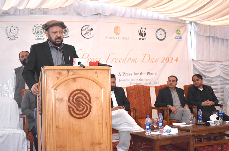 Chief Minister Gilgit-Baltistan, Haji Gulbar Khan addressing during the ceremony of World Press Freedom Day
