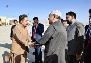 President Asif Ali Zardari being seen off by the Governor Balochistan Jaffar Khan Mandokhail and Chief Minister Balochistan Mir Sarfaraz Ahmed Bugti at the conclusion of his official visit to Quetta.